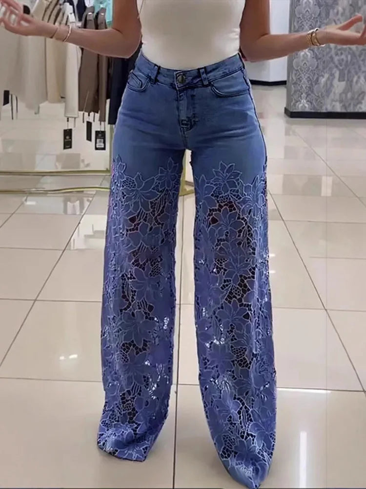 Vintage Hollow Out Lace Flowers Lady Jeans