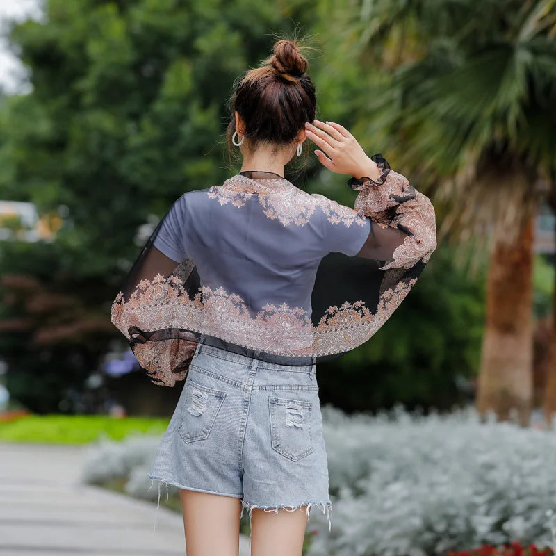 New Women Summer Sun Protection Beach Shawl Print Flower Chiffon