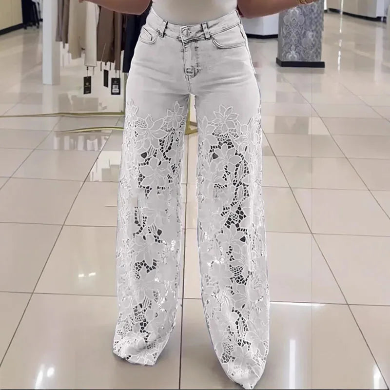 Vintage Hollow Out Lace Flowers Lady Jeans