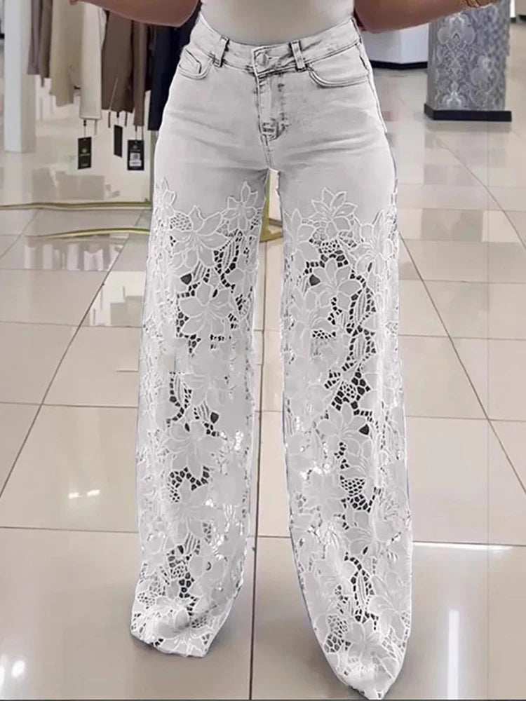 Vintage Hollow Out Lace Flowers Lady Jeans