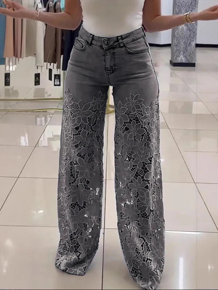 Vintage Hollow Out Lace Flowers Lady Jeans