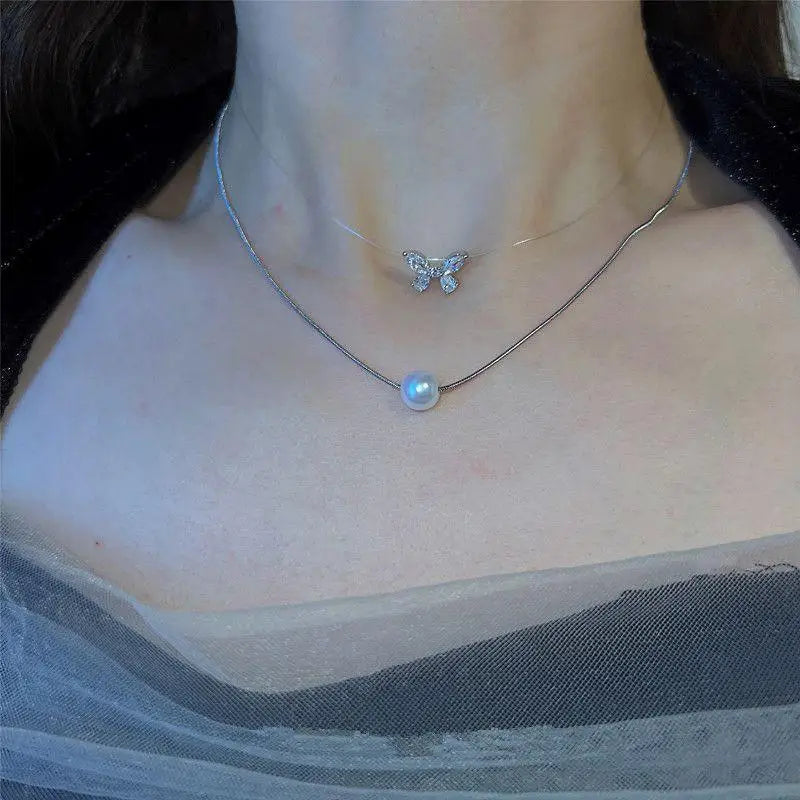 Zircon Inlaid Golden Butterfly Pendant Double Layer Necklace