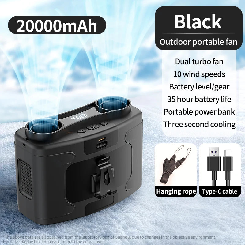 20000mAh Outdoor Portable Waist Fan Hanging Neck Fan Strong Wind with Power Bank LED Lighting for Sports Courier Outdoor Working