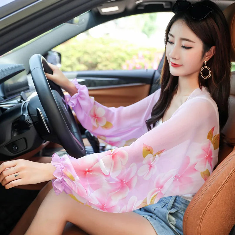 New Women Summer Sun Protection Beach Shawl Print Flower Chiffon