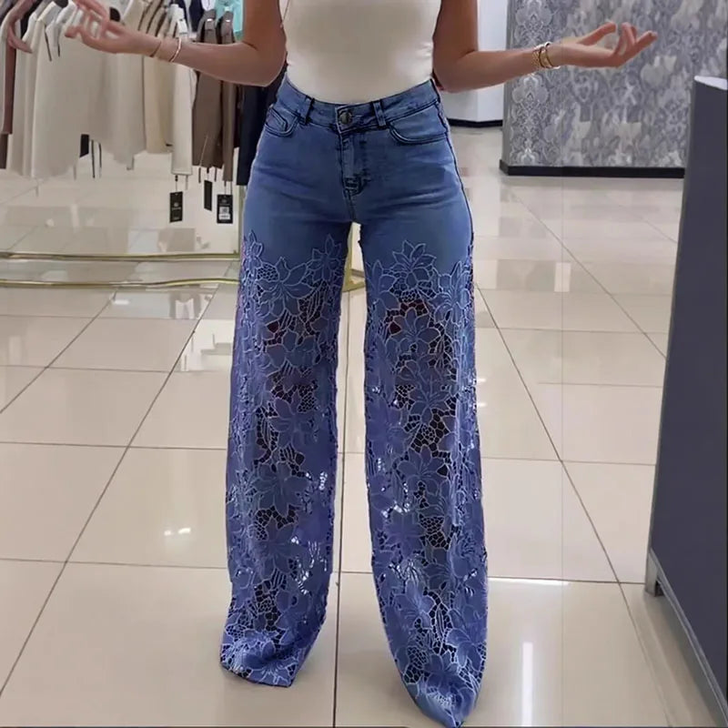 Vintage Hollow Out Lace Flowers Lady Jeans