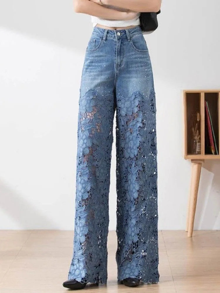 Vintage Hollow Out Lace Flowers Lady Jeans