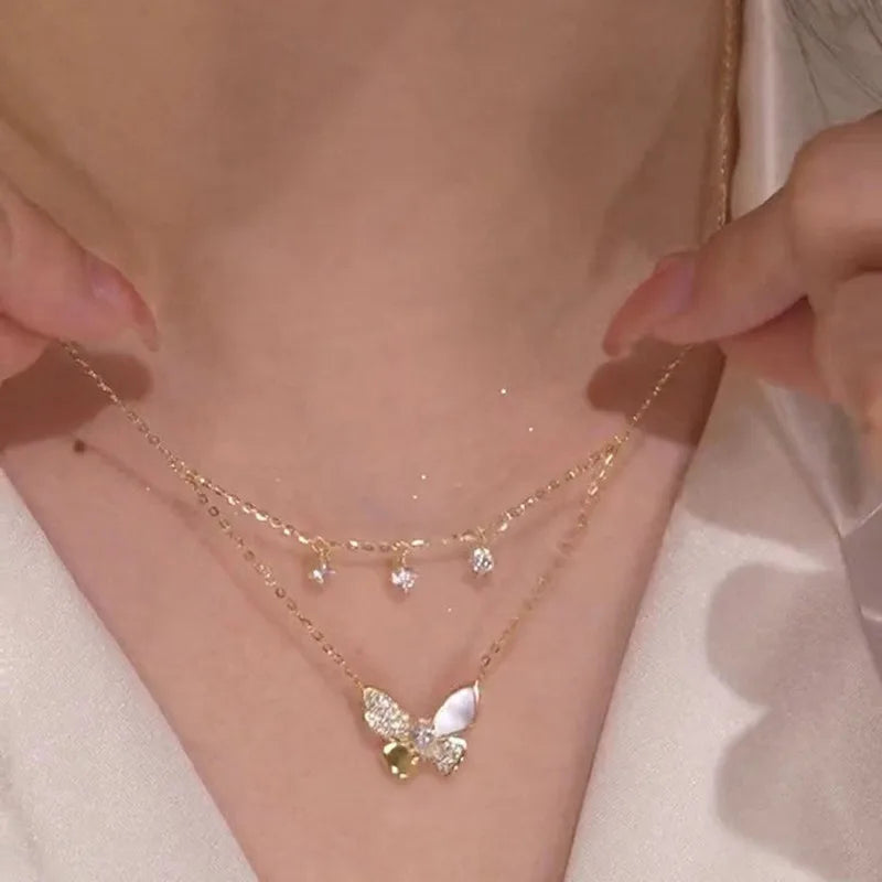 Zircon Inlaid Golden Butterfly Pendant Double Layer Necklace