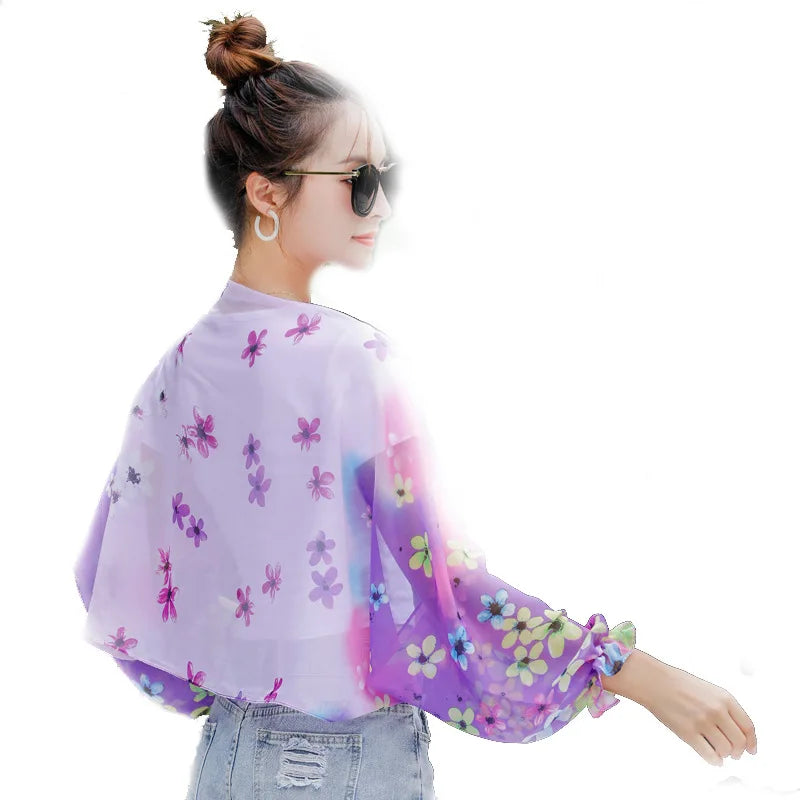 New Women Summer Sun Protection Beach Shawl Print Flower Chiffon