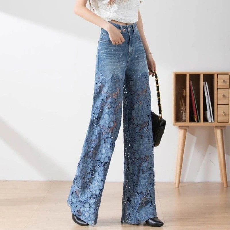 Vintage Hollow Out Lace Flowers Lady Jeans