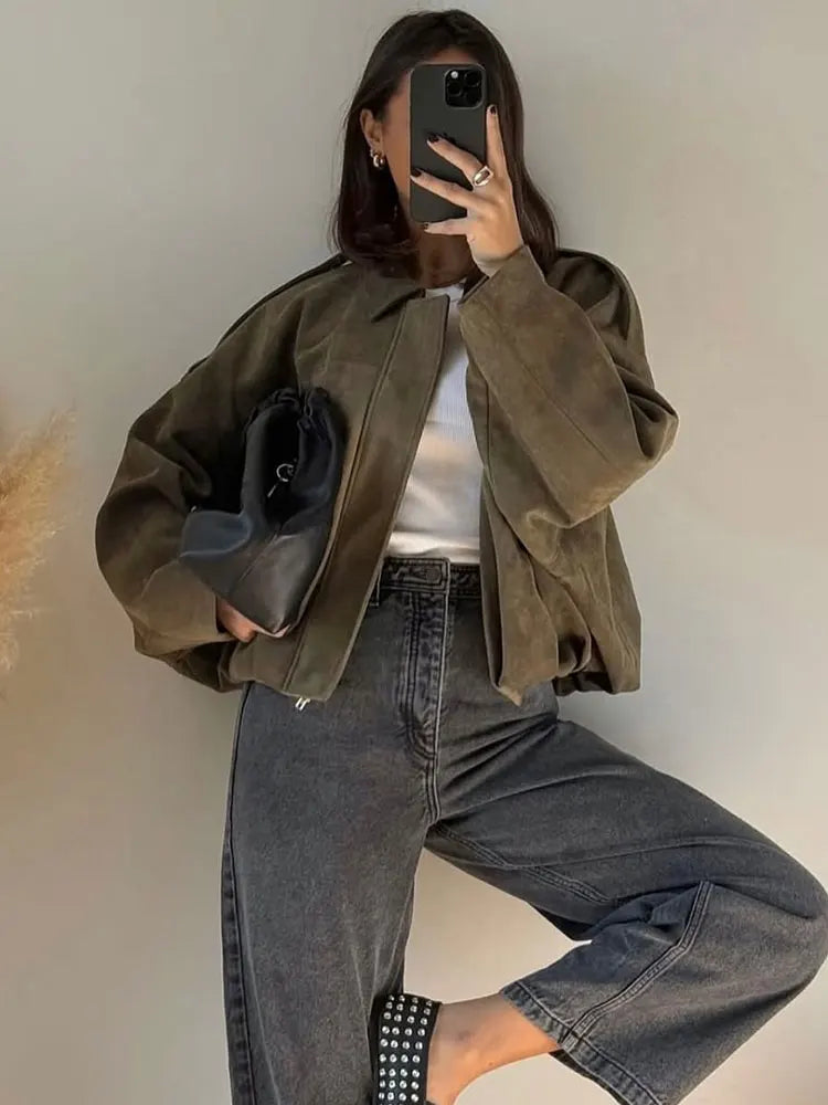 TRAFZA Women Brown Green Suede Jacket Loose Casual Bomber Coat