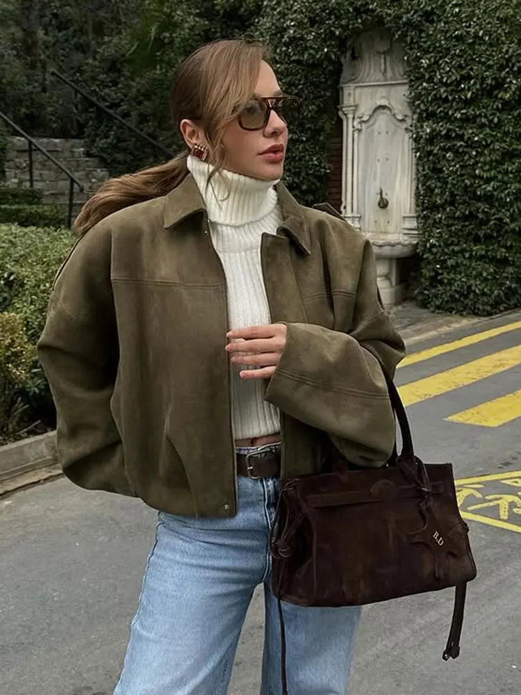 TRAFZA Women Brown Green Suede Jacket Loose Casual Bomber Coat