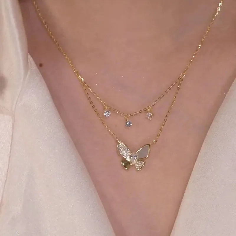 Zircon Inlaid Golden Butterfly Pendant Double Layer Necklace