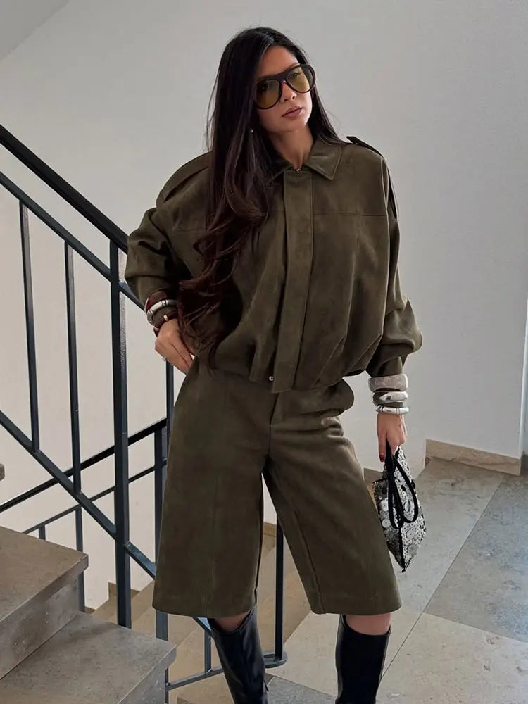 TRAFZA Women Brown Green Suede Jacket Loose Casual Bomber Coat