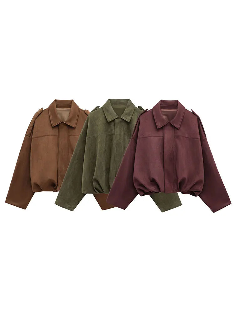 TRAFZA Women Brown Green Suede Jacket Loose Casual Bomber Coat