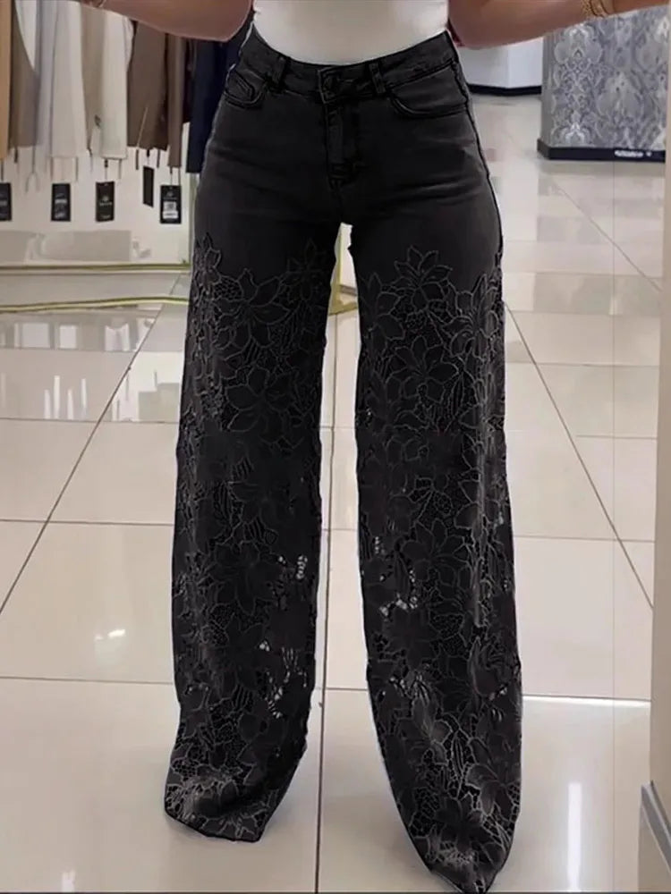 Vintage Hollow Out Lace Flowers Lady Jeans