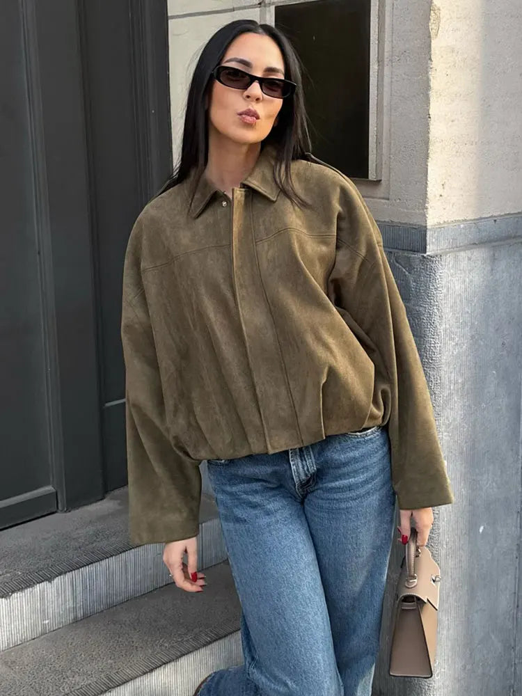 TRAFZA Women Brown Green Suede Jacket Loose Casual Bomber Coat