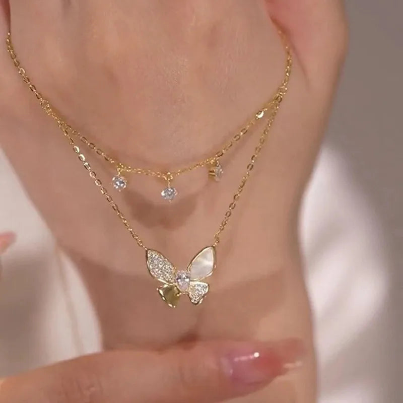 Zircon Inlaid Golden Butterfly Pendant Double Layer Necklace