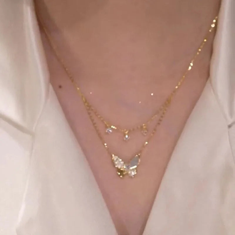 Zircon Inlaid Golden Butterfly Pendant Double Layer Necklace