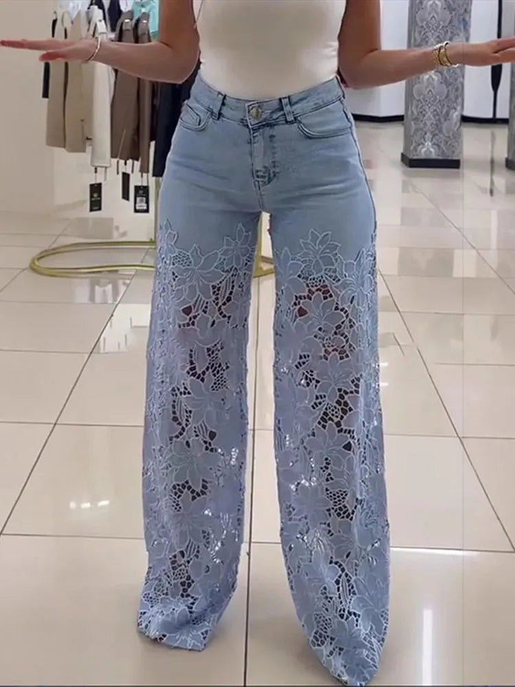 Vintage Hollow Out Lace Flowers Lady Jeans