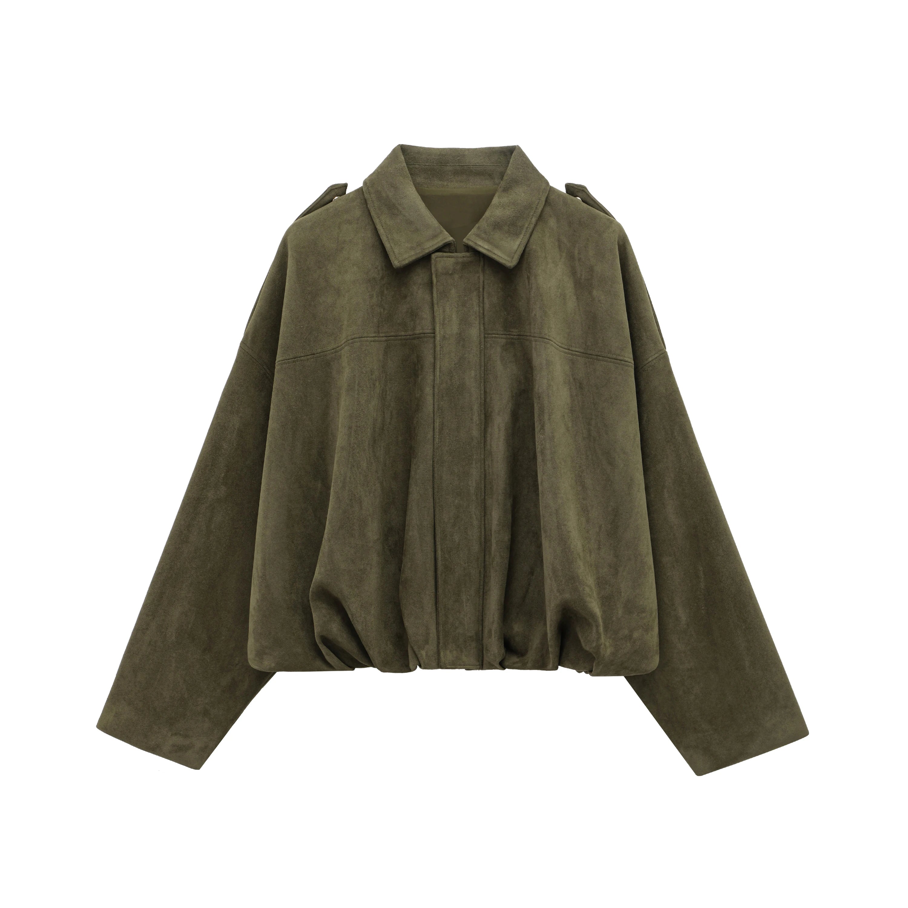 TRAFZA Women Brown Green Suede Jacket Loose Casual Bomber Coat