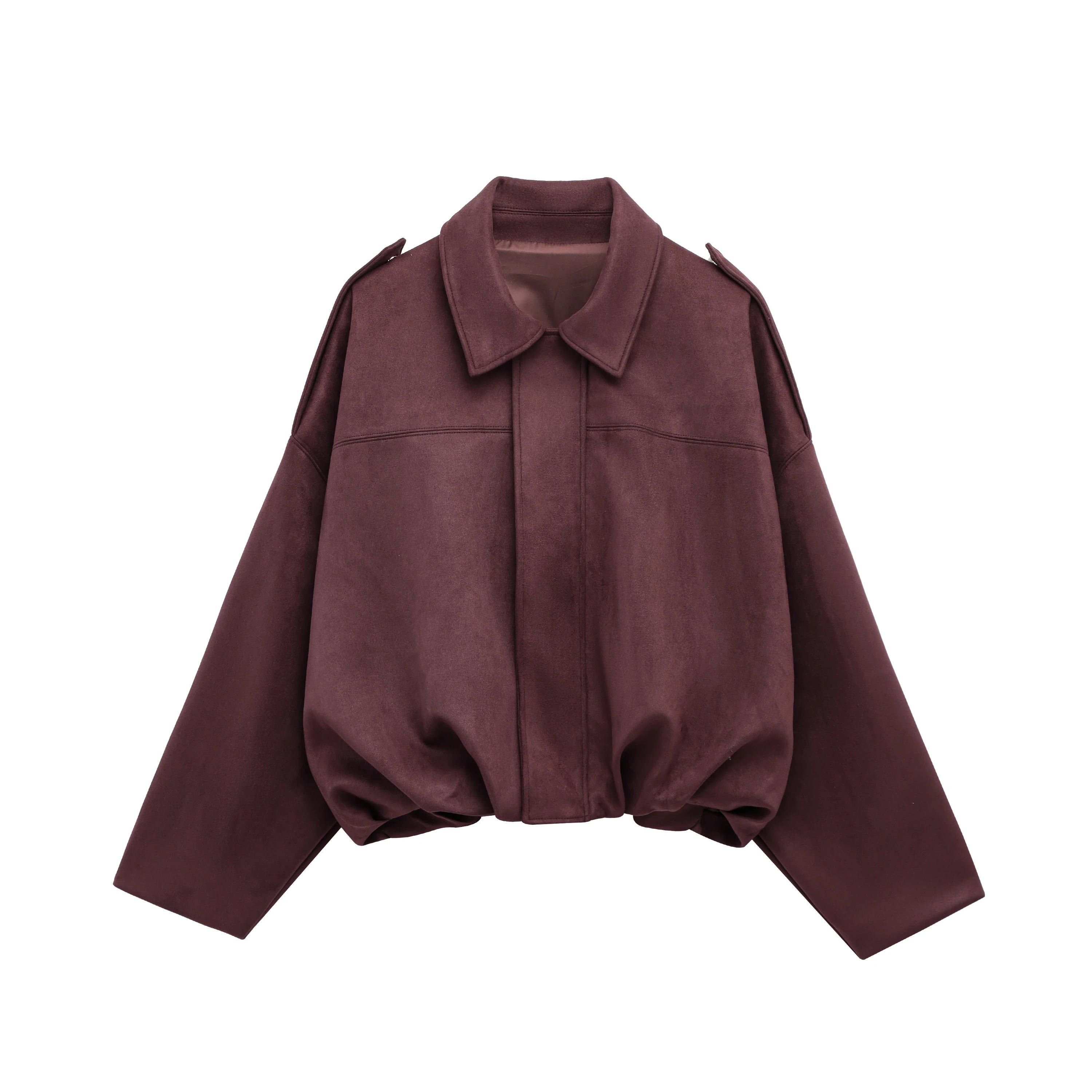 TRAFZA Women Brown Green Suede Jacket Loose Casual Bomber Coat
