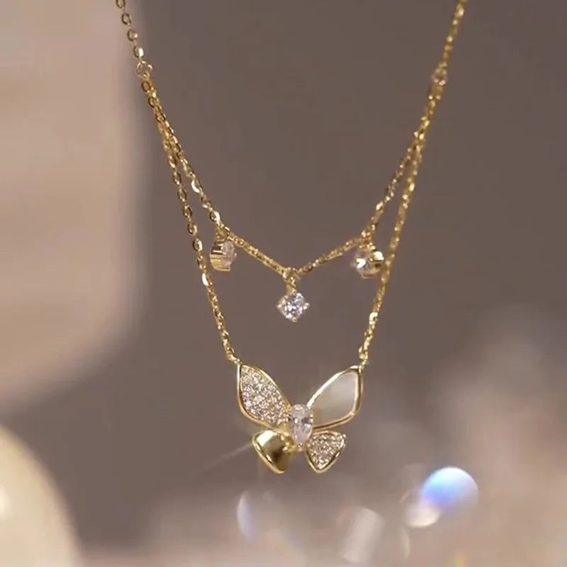 Zircon Inlaid Golden Butterfly Pendant Double Layer Necklace
