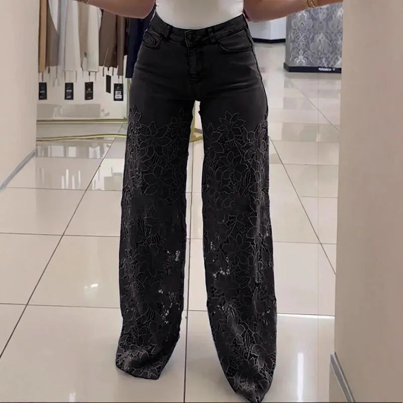 Vintage Hollow Out Lace Flowers Lady Jeans