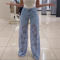 Vintage Hollow Out Lace Flowers Lady Jeans